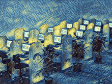 a painting of a row of computer cubicles with a few plants