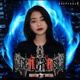 a girl is standing in front of a sign that says erotic metal