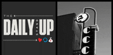a black and white photo of a sign that says the daily up stand