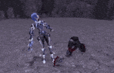 a video game character is standing next to another character who is laying on the ground