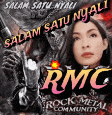 a poster for rmc rock metal community with a skull and a woman
