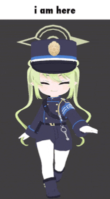 a girl in a police uniform with the words i am here below her