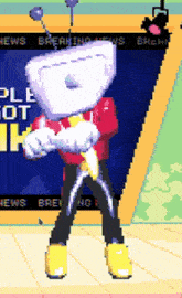a pixel art of a person standing in front of a breaking news screen
