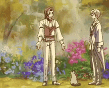 a drawing of two men standing next to a cat