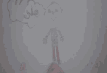 a child 's drawing of a man standing on top of a mountain with a speech bubble .