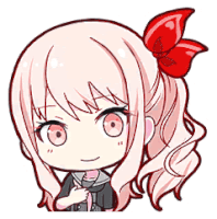 a little girl with pink hair and a red bow in her hair .