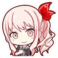 a little girl with pink hair and a red bow in her hair .
