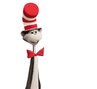 cat in the hat is holding a red and white striped hat in his hand