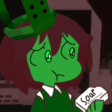 a green cartoon character is holding a piece of soap that says winterz flavored