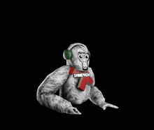 a cartoon gorilla wearing headphones and a red scarf with the word sane4eh on it