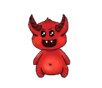 a cartoon drawing of a red monster with horns and big teeth
