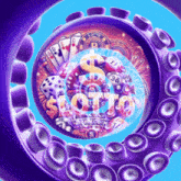 a purple octopus is surrounded by a slot machine