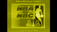 a yellow nba on nbc logo with a basketball player holding a ball
