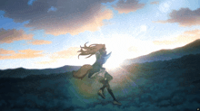 a girl with long hair is running in a field