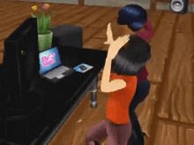 a couple of cartoon characters dancing in front of a laptop that says star squad on it
