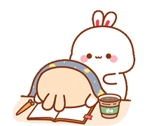 a cartoon rabbit is sitting at a table with a cup of coffee and a book