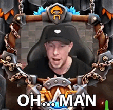 a man sitting in a chair with chains around him and the words oh man