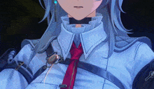 a close up of a blue haired anime character wearing a white shirt and a red tie