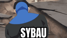 a cartoon character with the word sybau written on his back