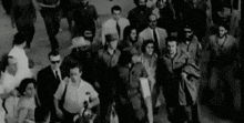 a large group of people are walking down a street .