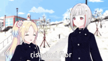 a couple of anime girls standing next to each other with the words risa and flor in the bottom right corner