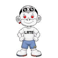a cartoon character wearing a white shirt that says late on it