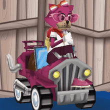 a cartoon cat wearing glasses and a bow is sitting in a pink car