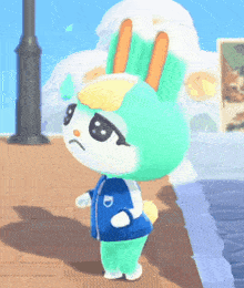 a cartoon rabbit wearing a blue jacket and sunglasses is standing on a sidewalk next to a body of water .