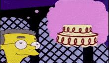 a cartoon character is looking at a cake with a pink swirl on it