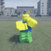 a roblox character wearing a blue shirt and green pants is standing in the grass