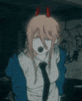 a girl with red horns is wearing a blue jacket and a tie