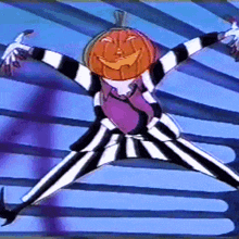 a cartoon character has a pumpkin head and striped pants