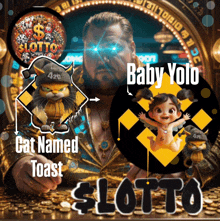 a man is holding a cat named toast and a baby yolo