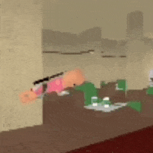 a cartoon character is laying on a couch in a living room in a video game .
