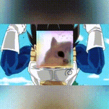 a cartoon character is holding a picture of a dog in his mouth .