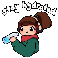 a cartoon of a girl holding a bottle of water with the words stay hydrated above her