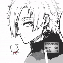 a black and white drawing of a man with kaisersito only desami written on the bottom