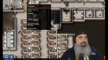 a man with a beard is playing a video game with a prisoner in the background