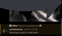 a screenshot of a conversation between raf and cametotown about stealing their gifs