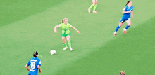 a group of female soccer players are playing soccer on a field .