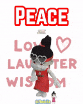 a cartoon girl is standing in front of a sign that says peace