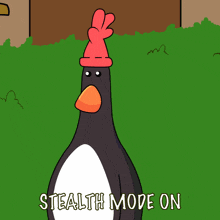 a cartoon penguin wearing a red hat with the words stealth mode on