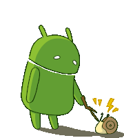 a cartoon of an android pushing a snail with a stick