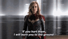 captain marvel is standing in front of a body of water and says if you hurt them i will burn you to the ground .