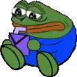 a green frog in a blue shirt is holding a purple envelope in its mouth .