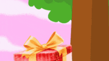 a cartoon illustration of a gift box with a yellow bow and a tree in the background .