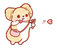a cartoon drawing of a corgi holding a heart and a pink bag