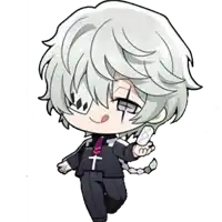 a cartoon character with white hair is holding a cellphone