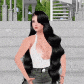 a woman with long black hair is standing in front of a staircase