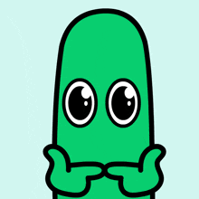 a cartoon drawing of a green object with big eyes and a mustache